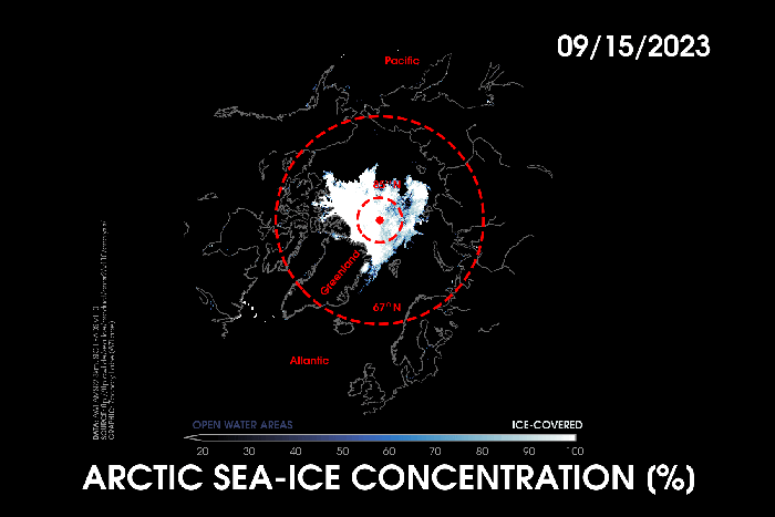 Animation of Arctic sea ice concentration that shows the growth of ice during the 2023-2024 winter, which has ice concentration expand equatorward.