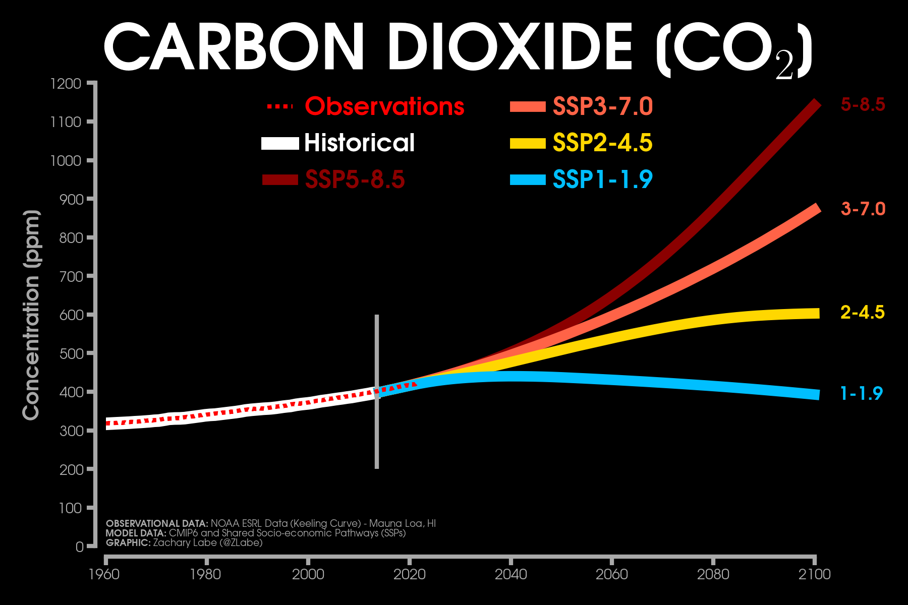 Line graph time series of carbon dioxide concentrations from 1960 to 2100 for different climate experiments and historical observations. There is a long-term increasing trend, except for the SSP1-1.9 climate scenario after 2030.