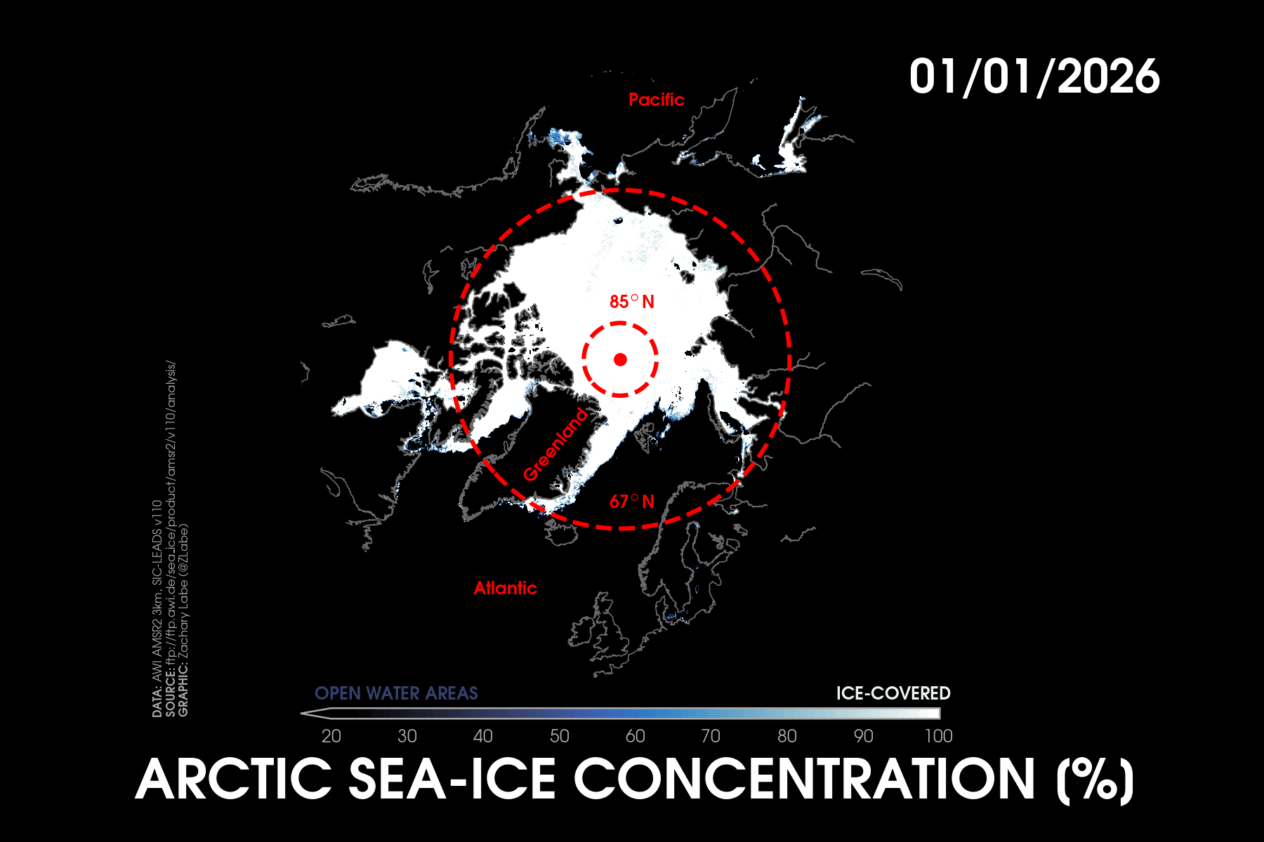 Animation of Arctic sea ice concentration that shows the growth of ice during the 2026 part of winter, which has ice concentration expand equatorward.